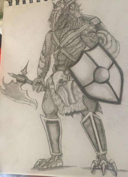 Pencil on paper drawing of a dragonborn holding a metal shield and one handed axe. He had shin guards and belts on as well as a leather loincloth and skull on his belt.