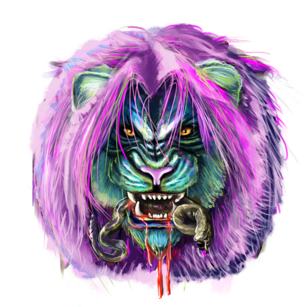 A blue lion with a pink mane holding a coiled and bleeding yellow diamondback snake in its jaws.