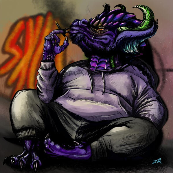 A purple dragon sitting against a brick wall with graffiti on it. He's smoking and wearing sweatpants and a hoodie.