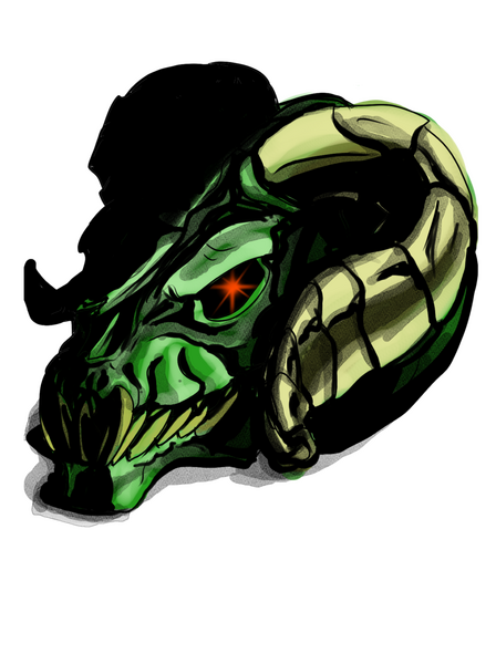 A green deathclaw skull with a glowing red light coming from the eye socket and bleached, but still greenish, horns and teeth.