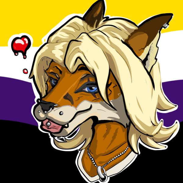 A furry fox sona with blonde shoulder length hair and a silver necklace. They're sticking their tongue out and have multiple facial piercings and blue eyes.