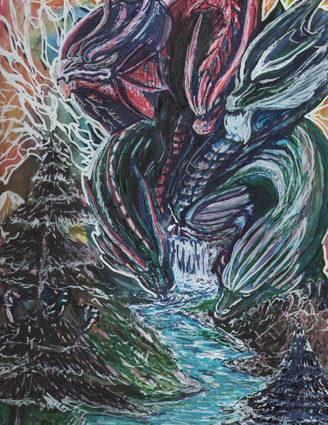 Mixed media (marker, watercolor, acrylic, pen) on paper - a five headed hydra with purple, red blue green and green again (lol) heads. Two are drinking from a river, two are cuddling and one is looking off into the distance. There are bolts of white lightn