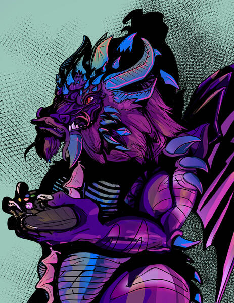 A Purple pink and blue kaiju (giant dinosaur monster) holding a gaming controller and smirking with a forked tongue sticking out. He has wings, horns and fins with a beard and mustache - his head resembles a dragon's.