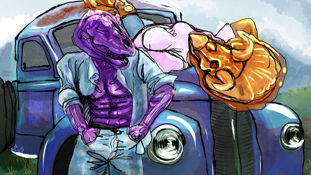 A t-rex fossil encased in crystal and made humanoid sitting in a denim jacket and jeans. He's leaning on an old truck and on the hood an amber triceratops is laying with a pink top and jean shorts on.