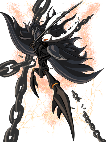 An insect creature holding a long slim blade is diving down and breaking through chains. Orange and yellow lightning is behind him and his eyes are glowing orange. His body is thin and muscular looking.