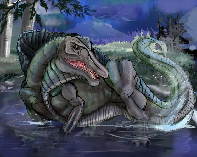 A spinosaurus in the middle of a river with one arm up and his tail splashing water. It's night time and there are birchy trees behind him (I was making it up but I did use a spino fossil as reference)
