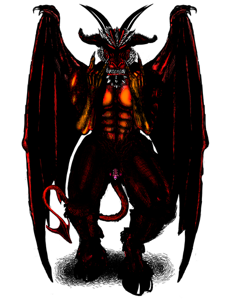 A red demon is doing double rock and roll hands and walking with a pierced penis hanging out. He has a fanged toothy grin and many sharp horns with a long pointed tail and wings.
