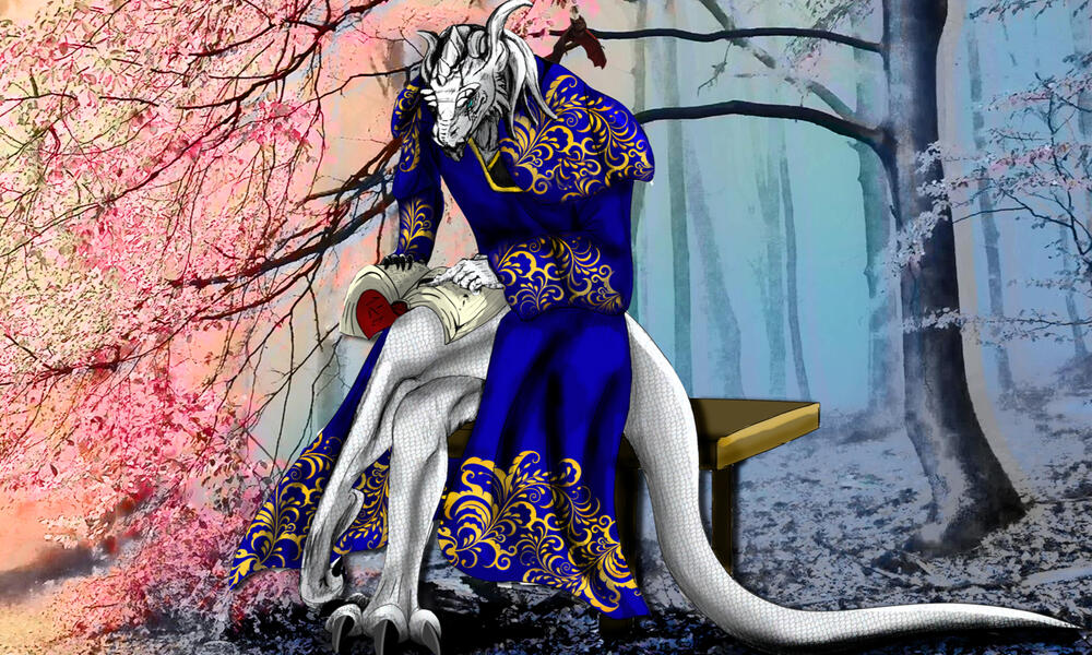 A white dragonborn that looks older and wrinkled. He's sitting with one leg crossed over his other knee and his tail slumped onto the dirt behind his bench. He's reading from a tome. Drawn digitally.