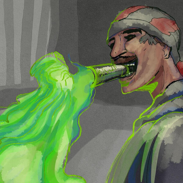 A man from Portland named Jordie wearing a grey sweater and a scarf on his head holding a tear gas canister expelling green gas in the shape of an ICE agent.