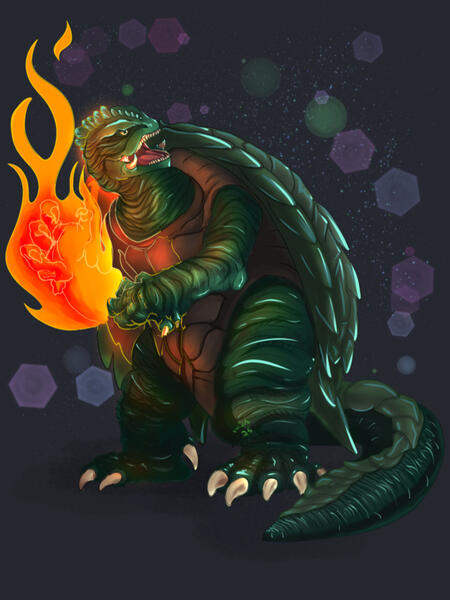 Gamera the super turtle kaiju with his flaming right arm. He's looking over his shoulder and up at the sky. He's green and blue with oranges/yellows/and reds from his glowing arm.
