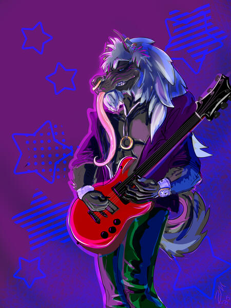 A wolf humanoid creature is standing and holding a red electric guitar. He's wearing a purple jacket with pointed shoulders and shiny green wrinkled pants. He has a gold ring on a necklace and is wearing white armbands and a watch. He has grey fur, a long