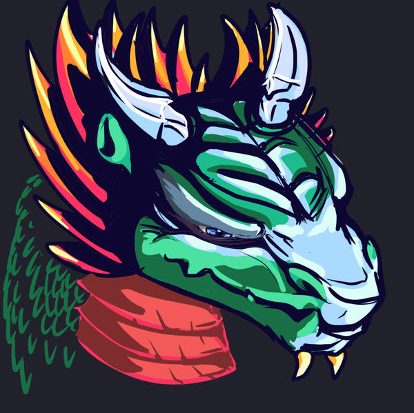 A green, orange and red dragon with blue horns and highlights. He has frills and little shrek-like-ears, two chin horns and pretty blue eyes.