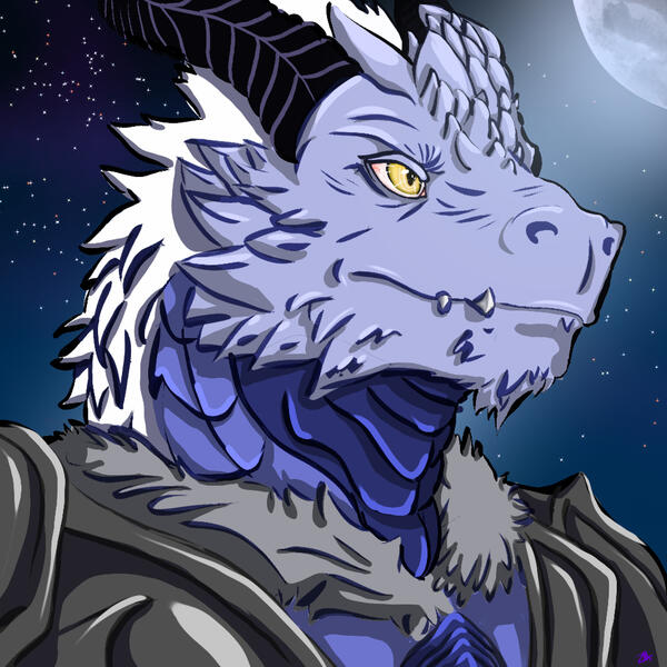 Another dragonborn character from dungeons and dragons - this time it's a bust portrait with just his head and part of his chest. He's blue with white hair and yellow eyes. He's looking up towards the moon and stars. It's a fairly small digital portrait.