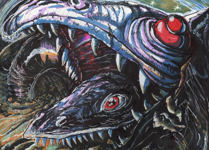 A sandworm from beetlejuice breaking through some ground on the sandy planet with stars in the background - mixed media with marker/watercolor/acrylic