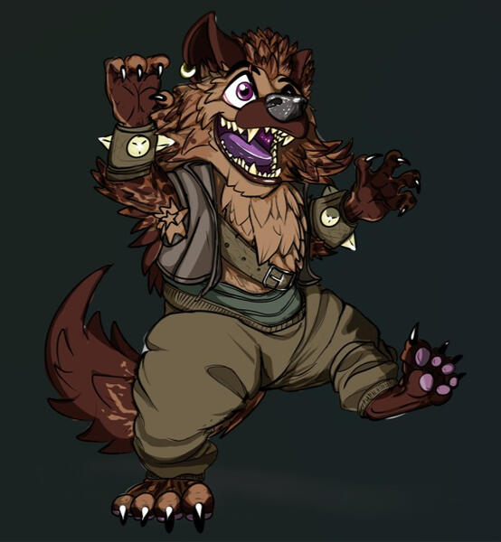 A young gnoll happily dancing and wearing leather armor, a little vest, and an earring.
