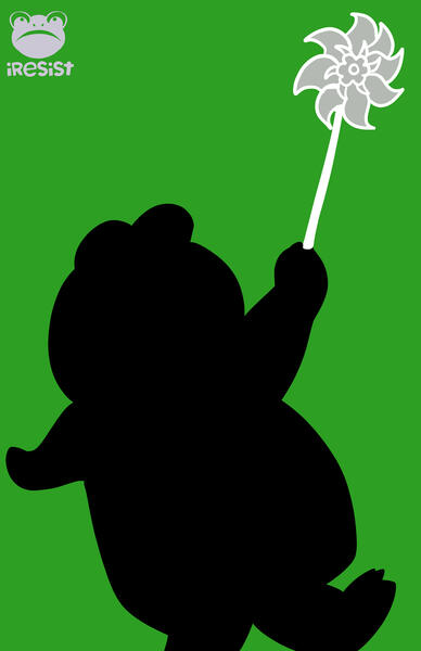 A silhouette of an inflatable frog holding a pinwheel against a bright green background. The frog is depicted in black, and there is a frog graphic with the text "iRESIST" in the top left corner.