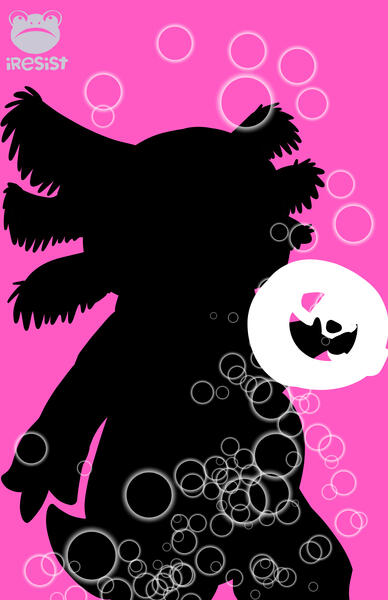 An inflatable axolotl costume silhouetted on a bright pink background. It's holding a round bubble gun that is all white and blowing white bubbles all over. There's a grey iresist icon in the corner with a frog's face.