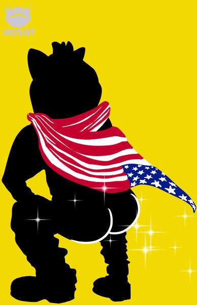 A person in a chicken onesie is silhouetted on a bright yellow background. They're squatting down with their hands on their knees and their butt is protruding outwards from under a colorful American flag that is being worn as a cape. Their cheeks are highl
