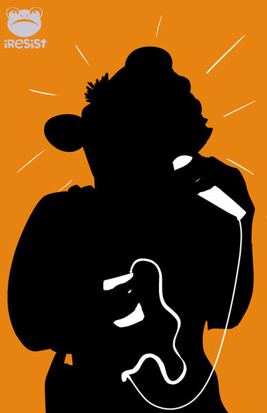 The silhouette of someone wearing a giraffe onesie. It's similar to the old ipod commercials - the background is bright orange and they're holding a wired phone and microphone in their hands. There are action lines coming from their head as if they're spea