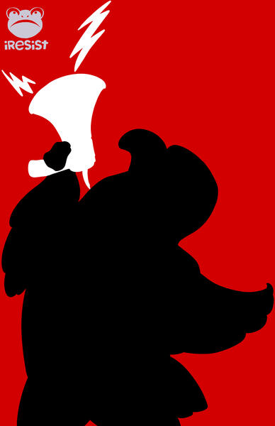 A silhouette of an inflatable eagle holding a megaphone against a bold red background. Above, there is a cartoon frog logo accompanied by the text "iRESIST." Lightning bolts emanate from the megaphone.