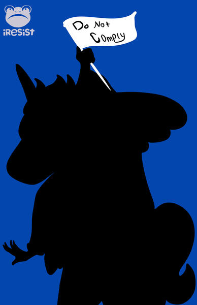 A silhouette of an inflatable unicorn with winds holds a flag that reads "Do Not Comply." The background is a solid blue color, and there is a logo featuring a frog at the top left corner that says iReSiSt.